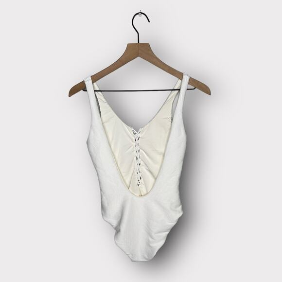 Onia Bridget Ribbed Lace Up One Piece Swimsuit in Marshmallow White Size Large - Picture 4 of 7